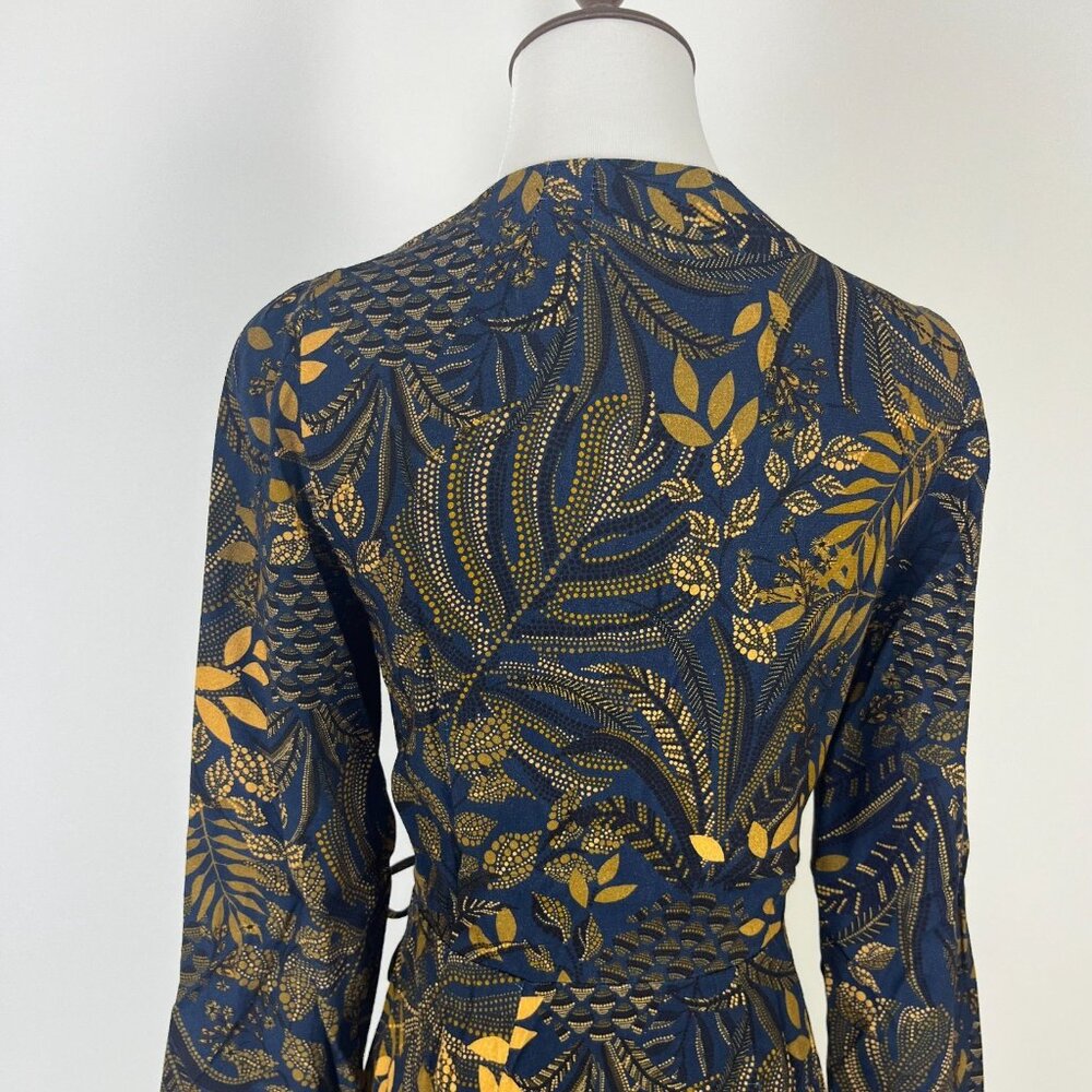 NWT Farm Rio Gold Blue Floral Forest Wrap Mini Dress Long Sleeve Size S - Picture 9 of 15